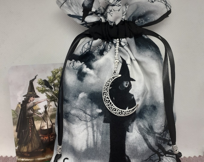 Deluxe Tarot cards pouch Bag, lined pouch, handmade -Witch- Crow -Moon Charm-Tibetan Silver Beads- New Design