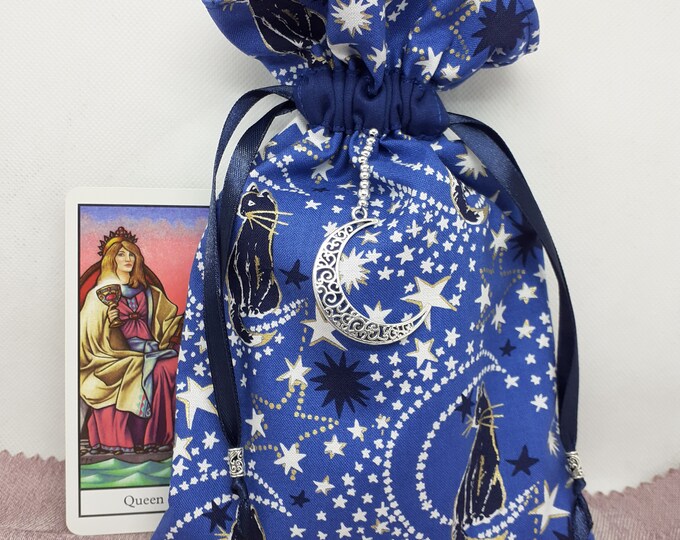 Deluxe Tarot cards pouch Bag, lined pouch, handmade -Cat- Stars- Moon- Charm-Tibetan Silver Beads- New Design