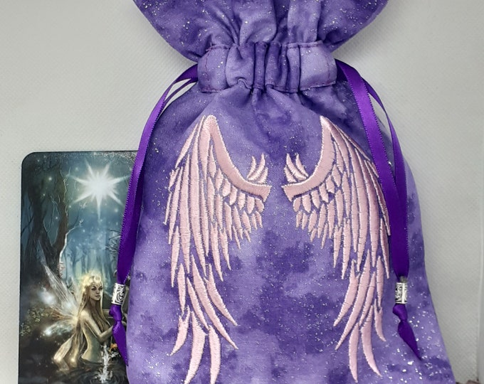 Deluxe Tarot cards pouch Bag, lined pouch, handmade -Embroidery- Angel Wings-Tibetan Silver Beads- New Design