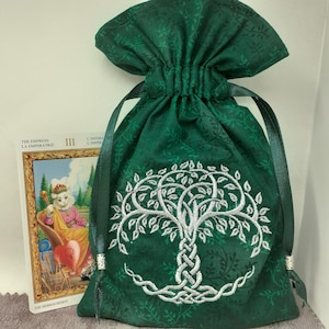 Deluxe Tarot Karten Beutel Tasche, gefütterter Beutel, handgefertigte - Stickerei - Baum des Lebens - Tibetanische Silberperlen - Neues Design