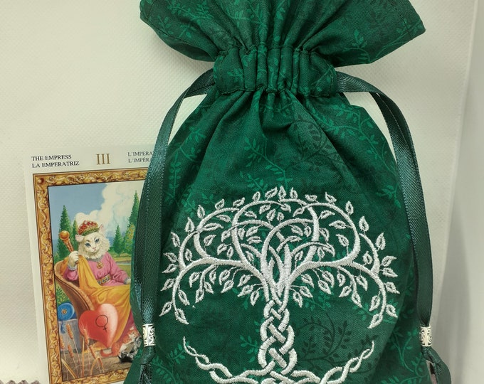 Deluxe Tarot cards pouch Bag, lined pouch, handmade -Embroidery- Tree of Life -Tibetan Silver Beads- New Design
