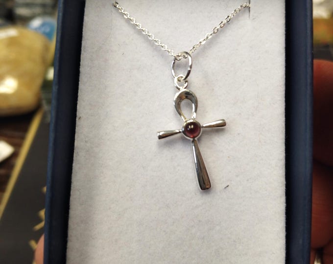 Garnet Ankh Small and Dainty Pendant Sterling 925 Silver "Goddess Collection" Lovely Gift Yourself Friends Family-Loved One
