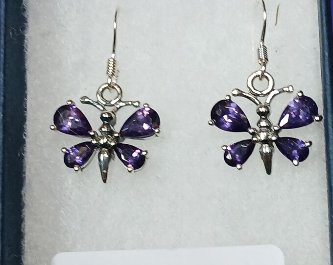 Butterfly-Earrings -Sterling Silver 925 - The "Goddess Collection" -Faceted Amethyst CZ- 15 mm Gift- Yourself- Friends- Family- Loved One