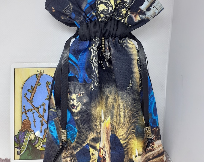 Deluxe Tarot - Oracle- cards pouch Bag, lined pouch, handmade -Cat- Charm- Beads- New Design