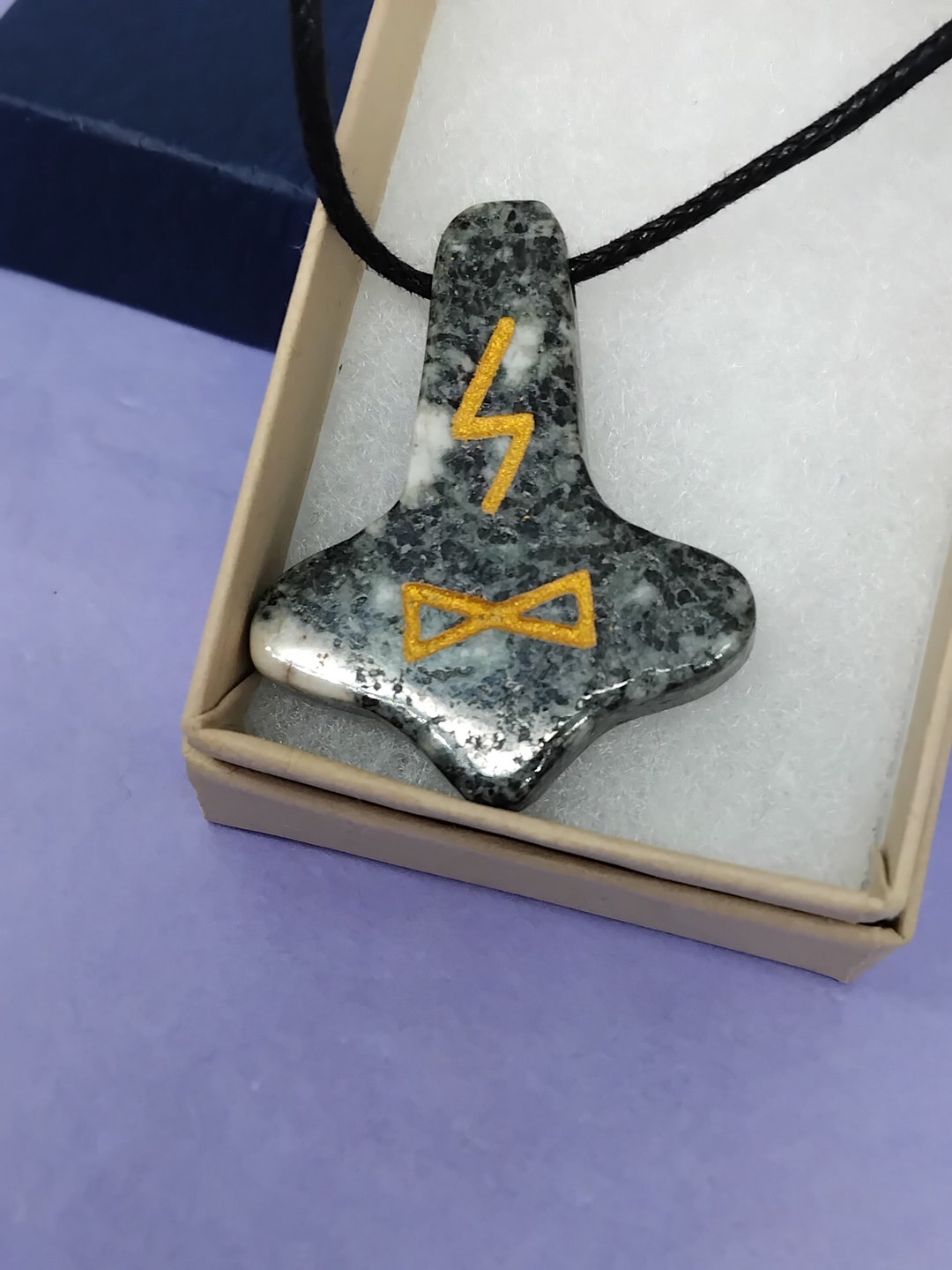 Runic Pendant Presseli Blue Stone - Runic Inscription- Pendant- Black Cord - Gift ...