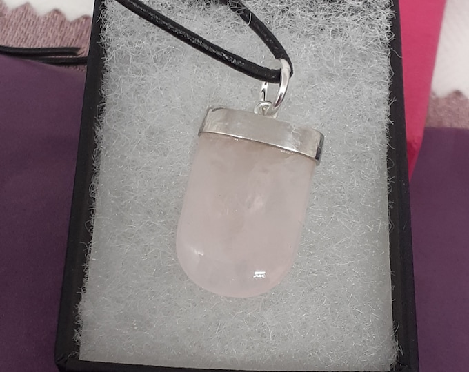 Rose Quartz- Pendant-Handmade-Genuine Black Leather Cord-Silver 925 Jump Ring-Gift Box