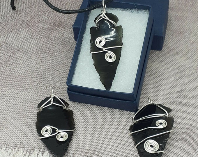 Black Obsidian - Arrowhead -Pendant- Silver Plated Wire-Black Cord -blocks psychic attack -Gift-Yourself- Friends-Family-Loved One-Gift Box