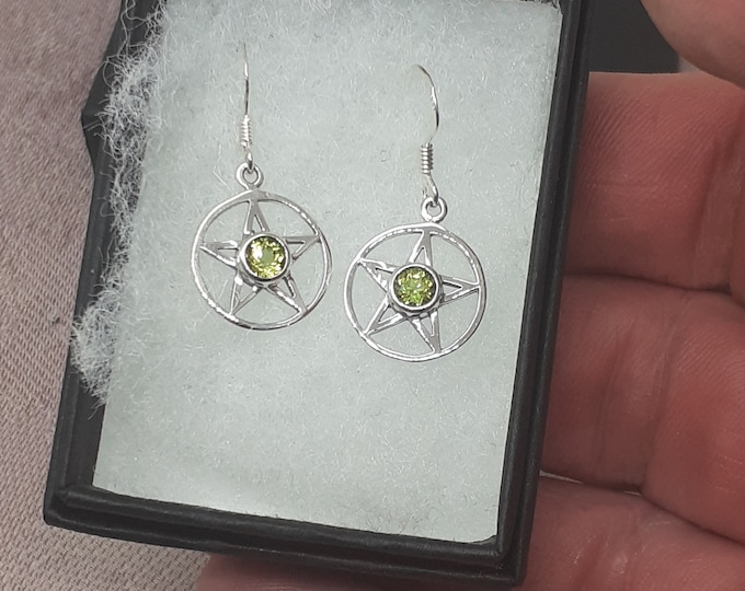 Peridot -Faceted-Dangle-Drop -Pentacle Earrings Sterling Silver 925 - New "Goddess Collection"- Lovely Gift- NEW
