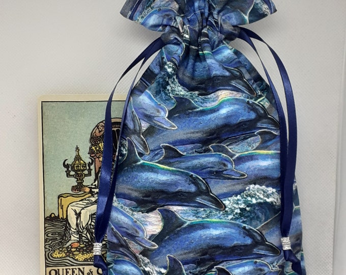 Deluxe Tarot cards pouch Bag, lined pouch, handmade -Dolphin-Tibetan Silver Beads- New Design