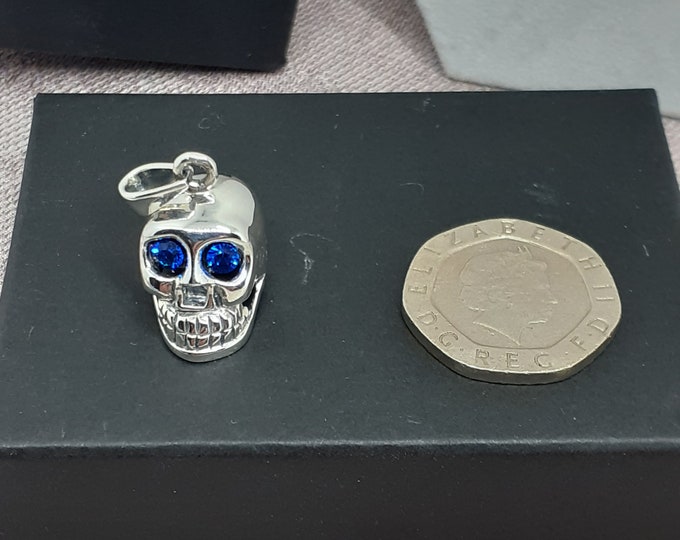 Blue Sapphire CZ Skull Pendant- Sterling Silver 925 - New "Goddess Collection"- Lovely Gift- Yourself- Friends- Family-Loved One