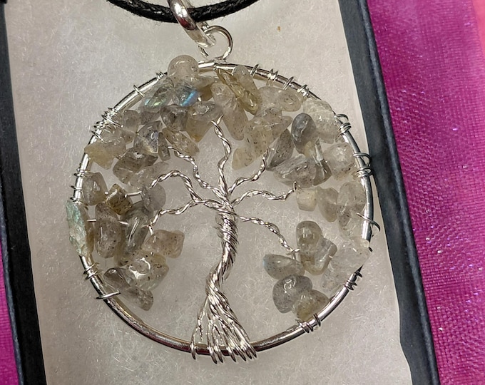 Labradorite-Pendant- Silver Plated-Black Cord Aura cleansing -Protection-concentration-Gift for Yourself- Friend-Loved One-Gift Box