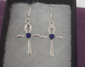 Lapis Lazuli Ankh Drop Dangle Sterling 925 Silver  Earrings  "Goddess Collection" Lovely Gift Yourself Friends Family-Loved One