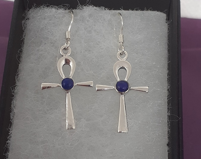 Lapis Lazuli Ankh Drop Dangle Sterling 925 Silver  Earrings  "Goddess Collection" Lovely Gift Yourself Friends Family-Loved One