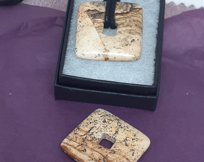 Picture Jasper- Donut -30 mm-  Black Cord-Creativity-stone of prosperity- NEW- Gift Box