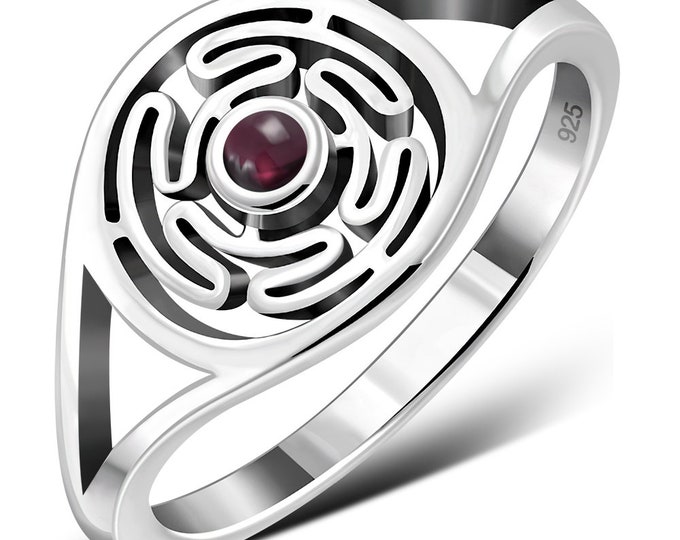 Hecates Wheel- Garnet-Ring- Sterling Silver 925 - New "Goddess Collection"- Multiple Sizes Available- Gift Box