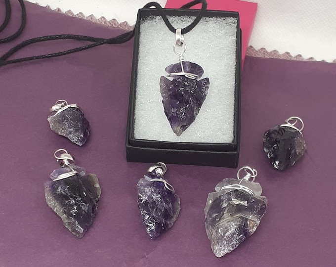 Amethyst - Arrowhead -Pendant- Silver Plated Wire-Black Cord -Gift-Yourself- Friends-Family-Loved One-Gift Box