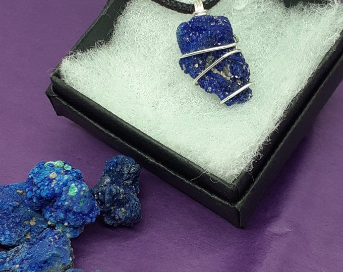 Azurite Pendant- Wire Wrapped-Black Cord-Gift for Yourself-  'Stone of Indigo-Friend-Loved One-Gift Box