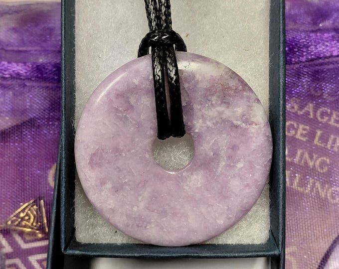 Lepidolite Donut 40 mm-Pendant: Stone of Transition, Black Cotton Cord