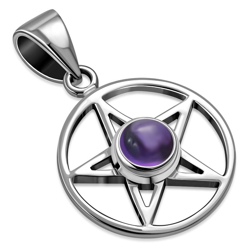 Sterling Silver 925 Pendant Pentagram 14 mm Pendant The Goddess Collection Amethyst