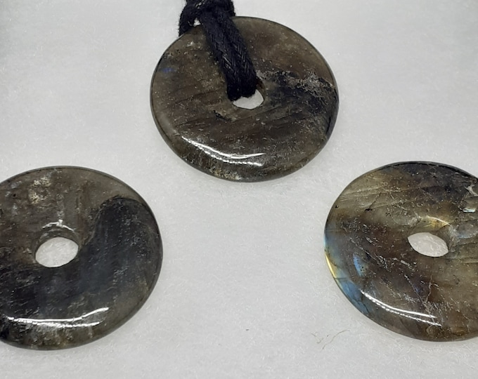 Labradorite Donut -30 mm Black Cord Aura cleansing -Protection-concentration-Gift for Yourself- Friend-Loved One-Gift Box