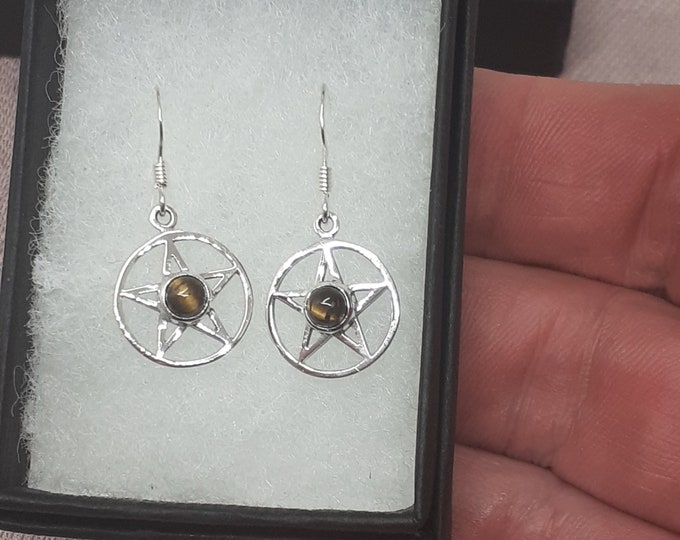 Tigers Eye -Dangle-Drop -Pentacle Earrings Sterling Silver 925 - New "Goddess Collection"- Lovely Gift- NEW
