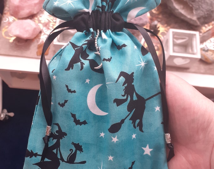 Deluxe Tarot cards pouch Bag, lined pouch, handmade -Witch on Broomstick-Moon Charm-Tibetan Silver Beads- New Design