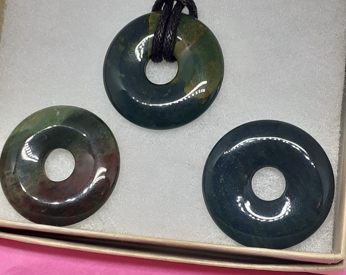 Bloodstone- 30 mm Donut Pendant- Black Cord- Perfect gift for yourself- a friend or a Loved one