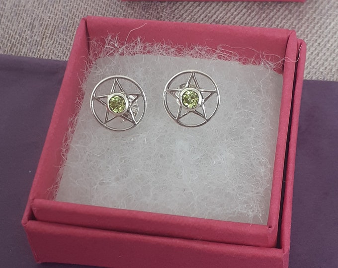 Peridot Faceted Earrings Sterling Silver 925 Stud Earrings The "Goddess Collection" Pentagram 10 mm-Gift Box