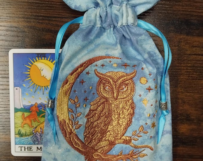 Embroidered Tarot Card Pouch-OWL- Bag with Tibetan Silver Beads