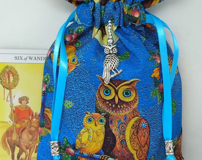 Deluxe Tarot cards pouch Bag, lined pouch, handmade-Egyptian -Owls- Charm-Tibetan Silver Beads- New Design