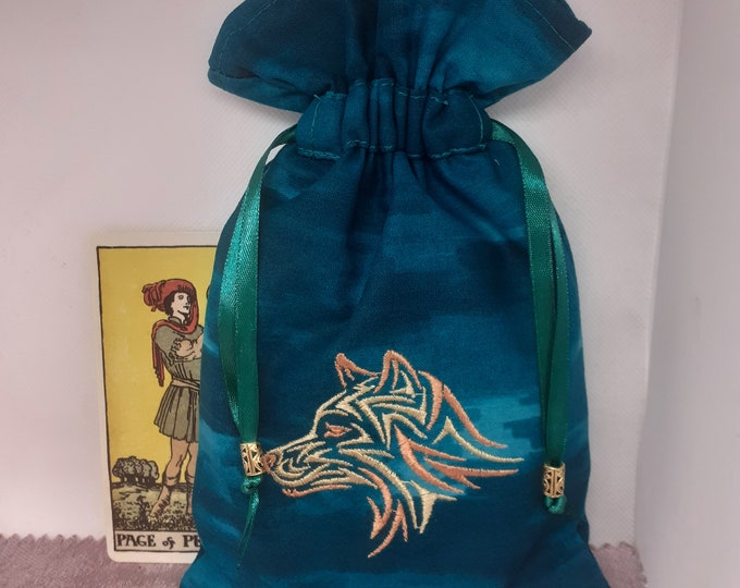 Deluxe Tarot cards pouch Bag, lined pouch, handmade -Embroidery- Wolf -Tibetan Silver Beads- New Design