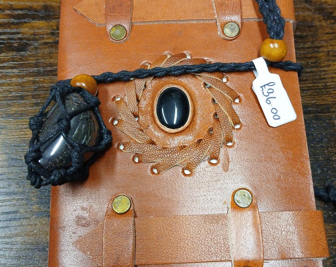 Leather-Black Onyx-Notebook-Journal- 6" x 4"-Wrapped with Hematite Crystal Gemstone-New- Gift-Yourself-Friends-Family-Loved One