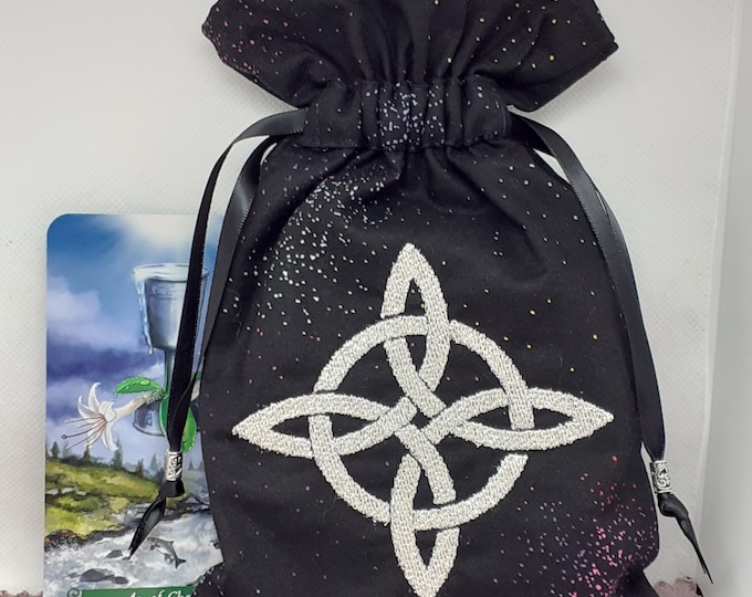Deluxe Tarot cards pouch Bag, lined pouch, handmade -Embroidery- WITCHES KNOT -Tibetan Silver Beads- New Design