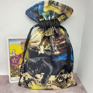 Tarot de luxe - Oracle - pochette pour cartes, pochette doublée, fait main - chat - pentacle - breloque - perles - nouveau design