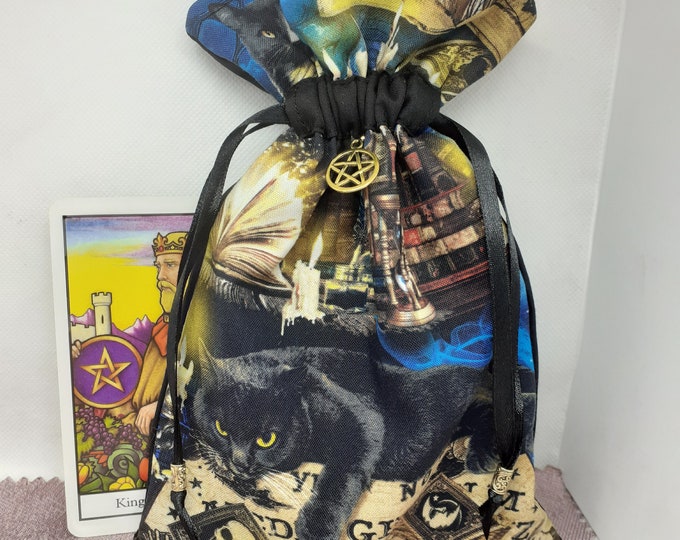 Deluxe Tarot - Oracle- cards pouch Bag, lined pouch, handmade -Cat- Pentacle -Charm- Beads- New Design