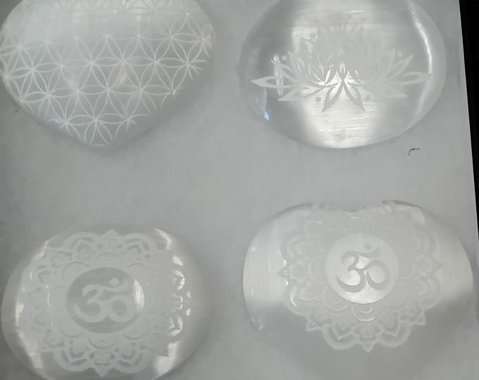 Selenite- Gift Set-Selenite Palmstones x 2-Selenite Hearts x 2-Gift-Yourself-Friends-Family-Loved One