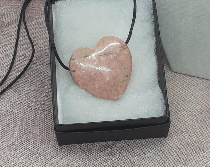 Rhodonite Heart 30 mm x 28 mm -Pendant-  Black Cord- Gift Box- Gift Yourself- Friend- Family -Loved One