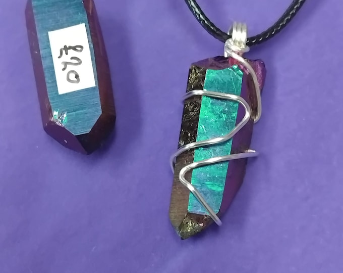 Rainbow Titanium Aura Quartz  -Handmade-Pendant- Silver Plated Wire-Black Cord -Gift-Yourself- Friends-Family-Loved One-Gift Box