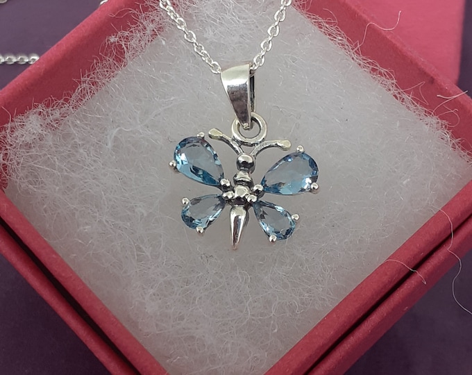 Butterfly Pendant -Sterling Silver 925 - The "Goddess Collection" -Faceted Blue Topaz CZ- 15 mm Gift- Yourself- Friends- Family- Loved One