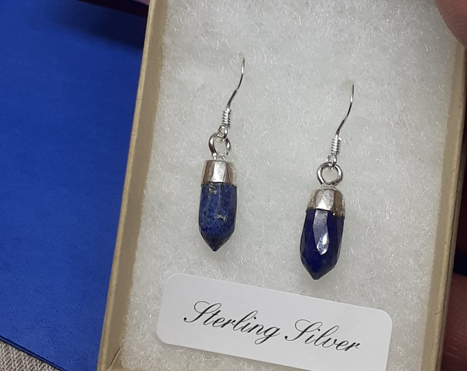 Lapis Lazuli- Drop-Dangle-Point 13 x 5 mm Earrings -Handmade-Sterling Silver Electroplated -Gift Box