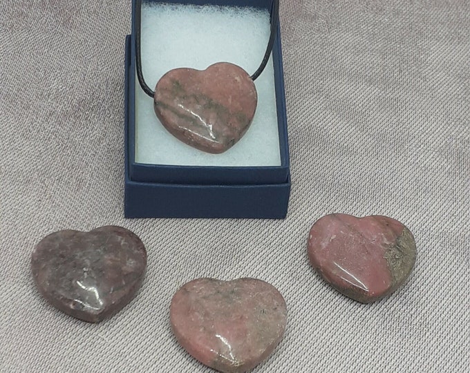 Rhodonite Heart 30 mm x 28 mm -Pendant-  Black Cord- Gift Box- Gift Yourself- Friend- Family -Loved One