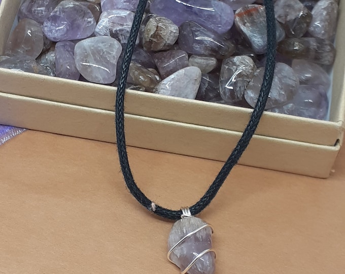 Cacoxenite Pendant- Wire Wrapped-Black Cord-Gift for Yourself- Friend-Loved One-Gift Box-Melody Stone