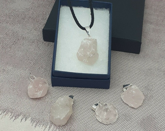 Rose Quartz- Silver Plated-Rough Pendant- Black Cord -Gift-Yourself- Friends-Family-Loved One-Gift Box