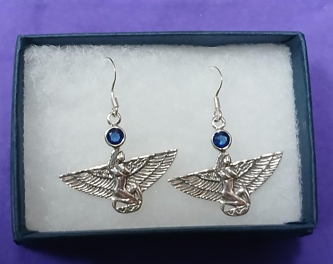 Winged Isis-Earrings -Sterling Silver 925 - The "Goddess Collection" -Blue Sapphire CZ-Gift- Yourself- Friends- Family- Loved One