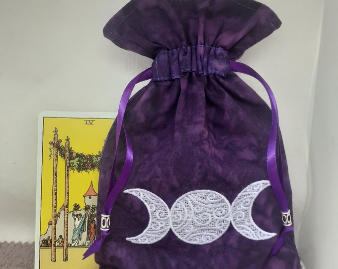 Deluxe Tarot cards pouch Bag, lined pouch, handmade -Embroidery- Triple Moon -Tibetan Silver Beads- New Design