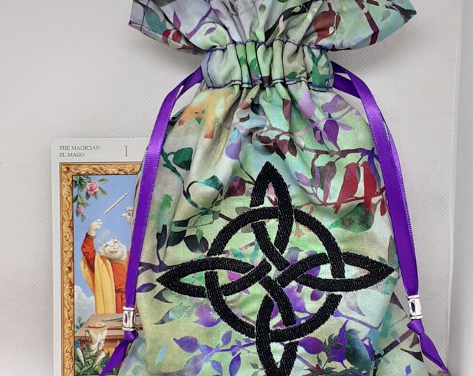 Deluxe Tarot cards pouch Bag, lined pouch, handmade -Embroidery- Witches Knot-Tibetan Silver Beads- New Design
