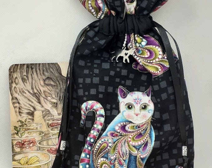 Deluxe Tarot cards pouch Bag, lined pouch, handmade -CAT- Charm-Tibetan Silver Beads- New Design