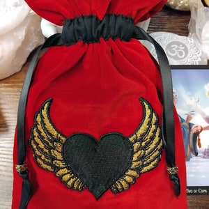 Deluxe Tarot Karten Beutel Tasche, gefütterter Beutel, handgefertigte Stickerei - Engelsflügel - Tibetanische Silberperlen - Neues Design