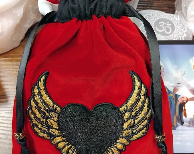 Deluxe Tarot cards pouch Bag, lined pouch, handmade -Embroidery- Angel Wings-Tibetan Silver Beads- New Design