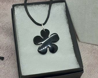 Black Agate-5 Petal 20 mm Daisy  - Pendant - Pendant- Black Cord - Gift-Yourself- Friends-Family-Loved One-Gift Box